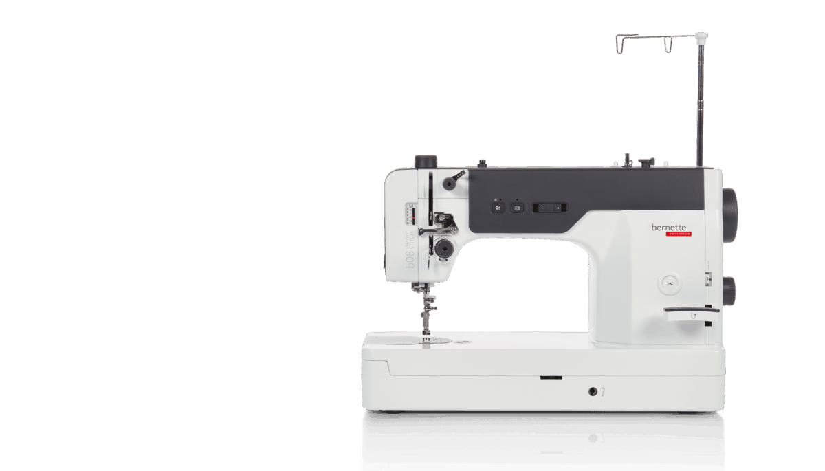 Exact bernette 08 Straight Stitch manufacturer product image, showing the frontal white-and-charcoal machine; package accessories are not pictured.