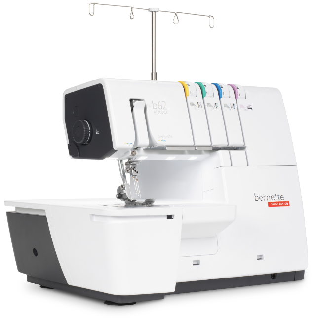 Exact official bernette 62 AIRLOCK product image showing the white coverstitch machine with its slide-on table attached; not a complete package view.