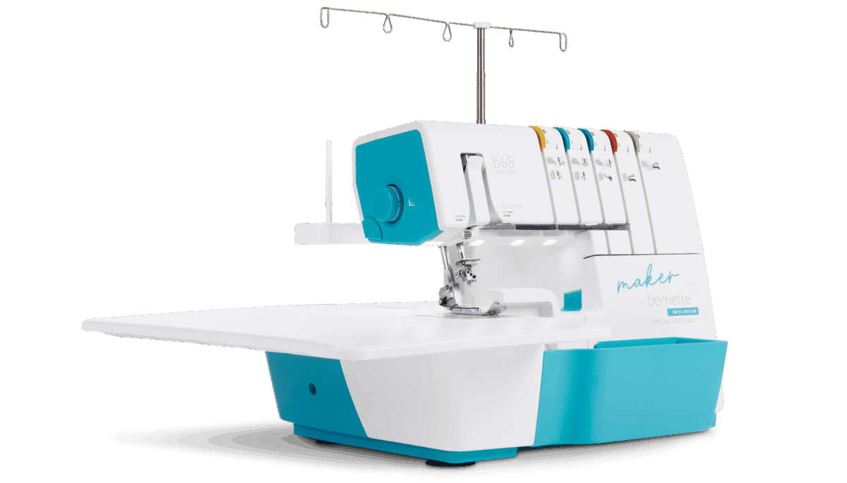 Exact official bernette 68 Maker image with turquoise Maker finish and slide-on table; accessory set is not shown in full and the manufacturer does not identify photograph versus rendering.