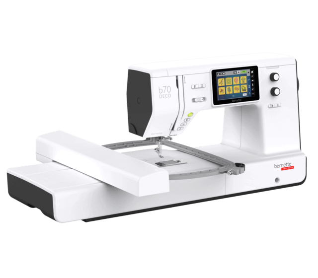 Exact manufacturer image of bernette 70 DECO with embroidery module and hoop attached. The manufacturer does not disclose photo versus render; image does not show every package component.