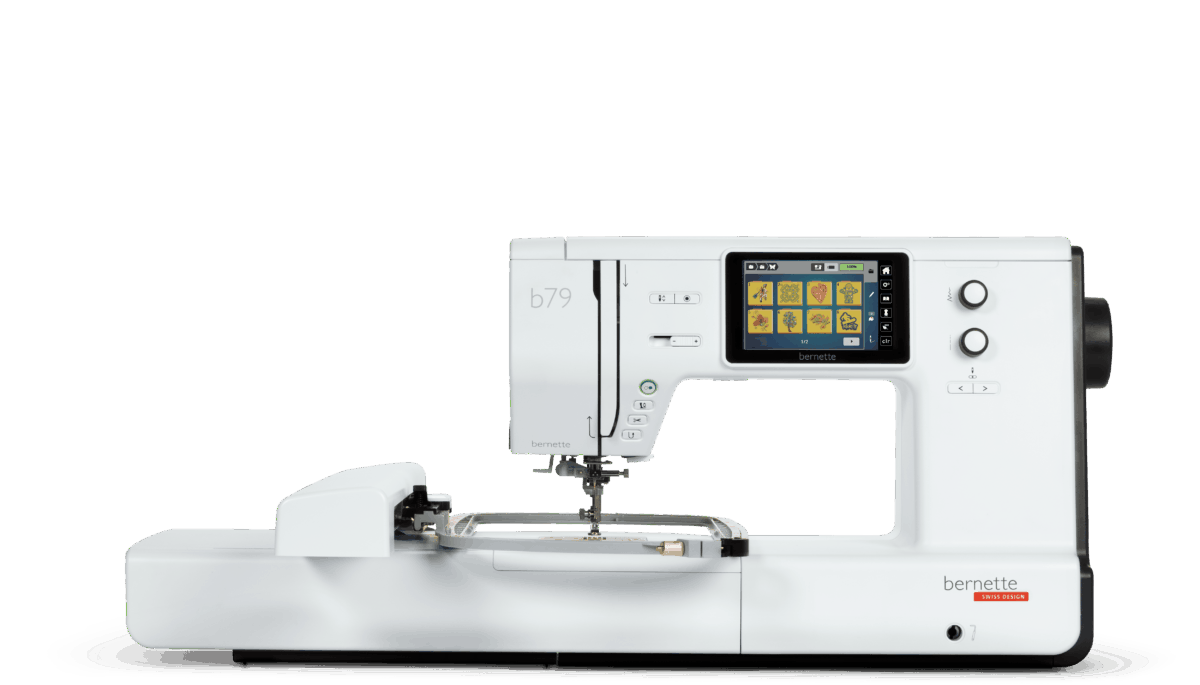 Official manufacturer image of the standard bernette 79 with its embroidery module attached; it does not show all included accessories. The manufacturer does not identify the image as a camera photograph or rendering.