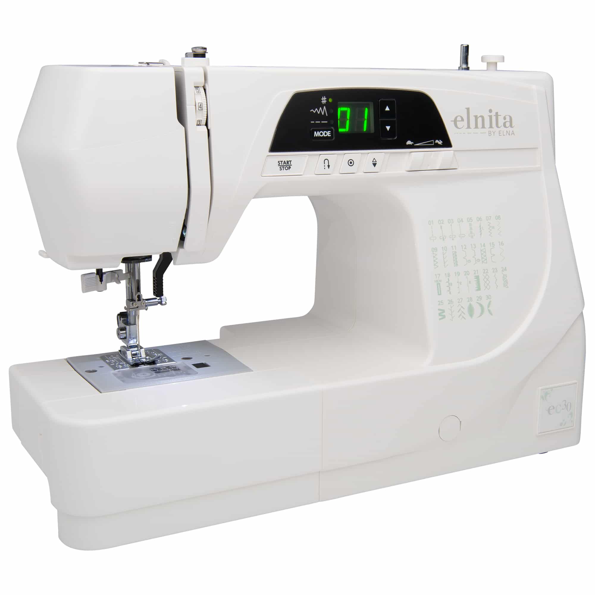 Official Elna elnita EC30 product image. The maker does not disclose photo versus render; accessories are not all pictured as supplied.