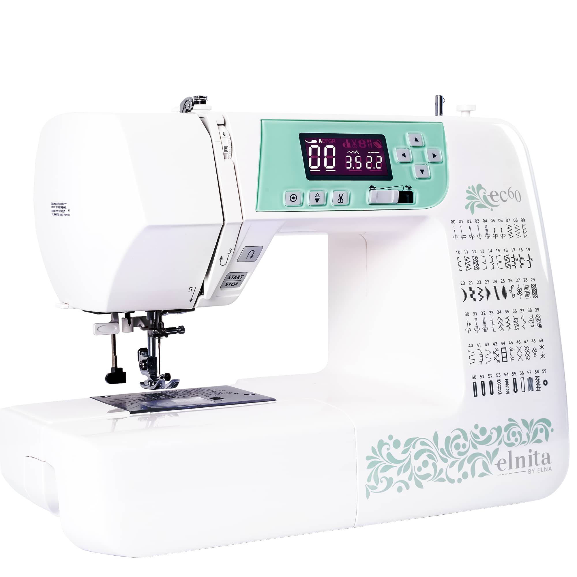 Official Elna elnita EC60 product image. The maker does not disclose photo versus render; accessories are not all pictured as supplied.