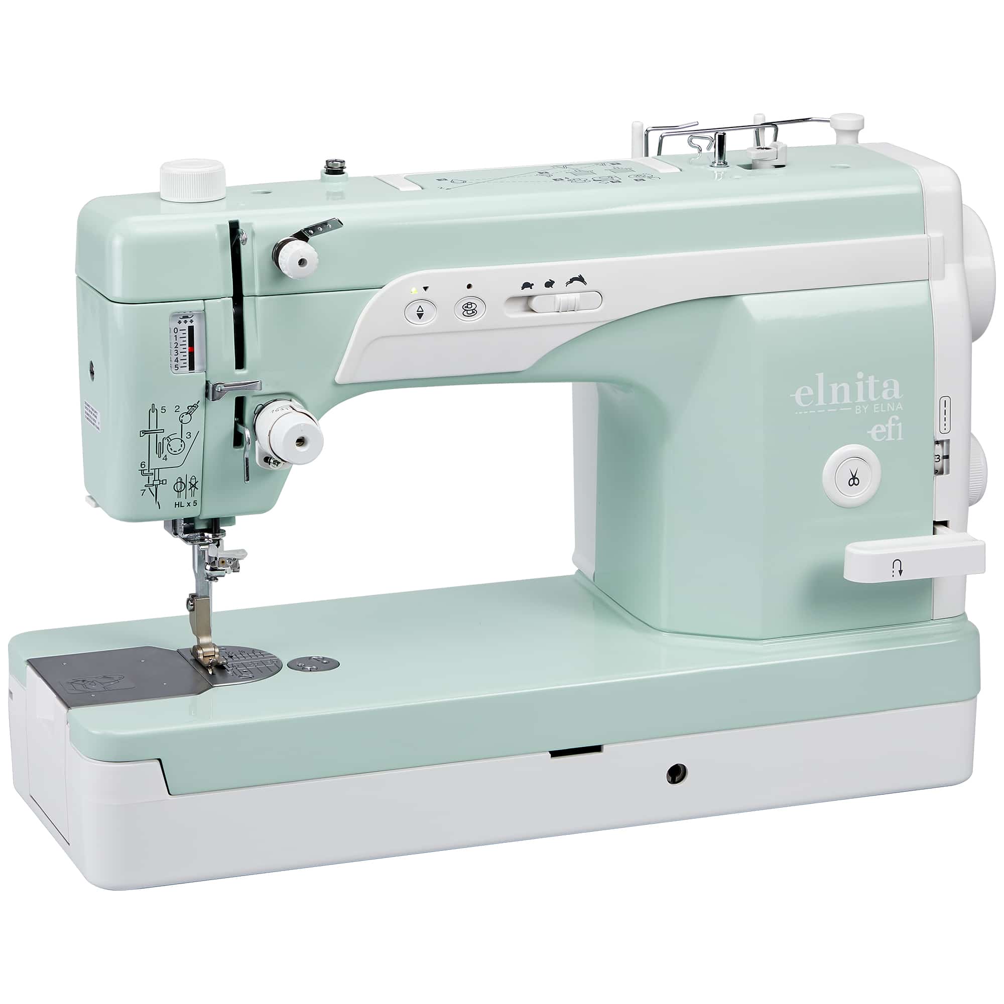 Official Elna elnita EF1 product image. The maker does not disclose photo versus render; accessories are not all pictured as supplied.