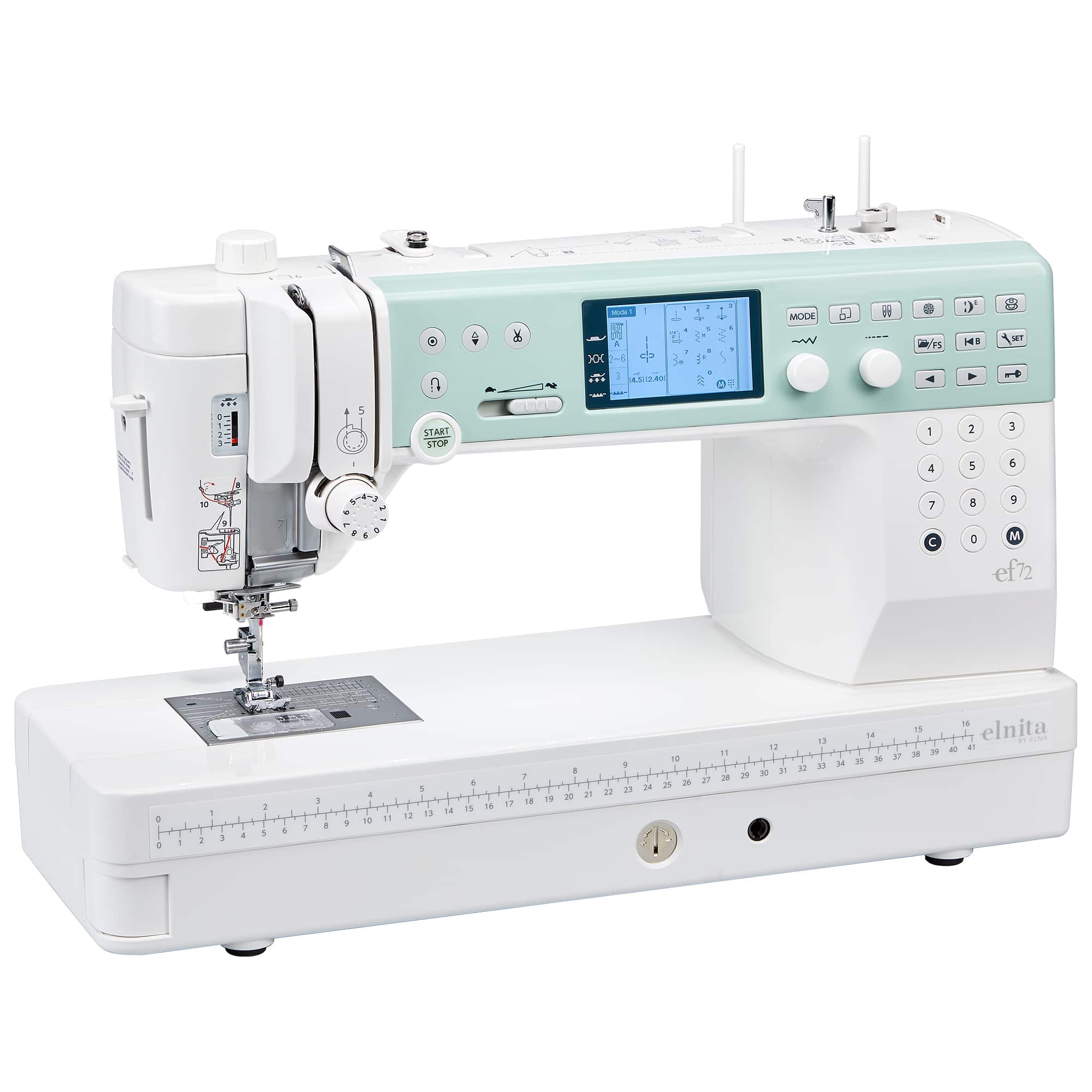 Official Elna elnita EF72 product image. The maker does not disclose photo versus render; accessories are not all pictured as supplied.