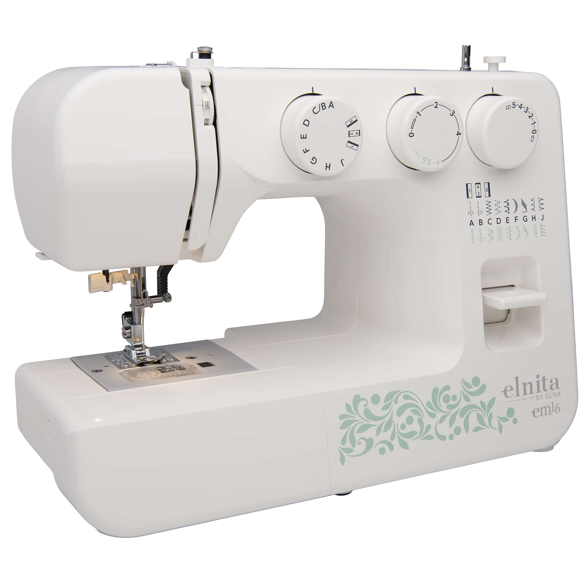 Official Elna elnita EM16 product image. The maker does not disclose photo versus render; accessories are not all pictured as supplied.