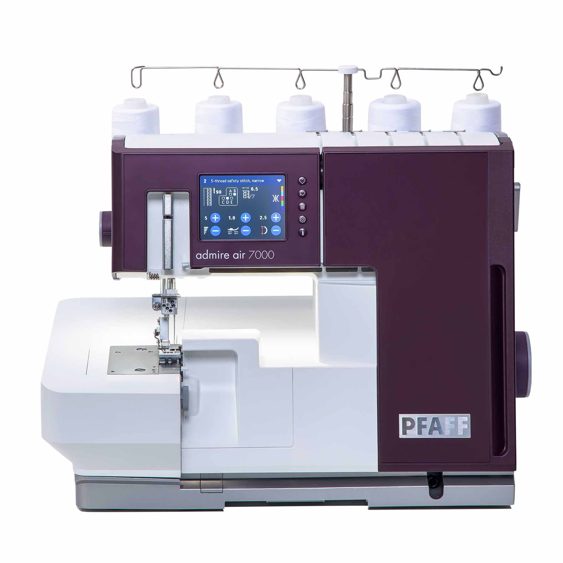 Die genaue Coverlockmaschine PFAFF admire air 7000 Purple von der aktuellen US-Produktseite; das mitgelieferte Zubehör ist separat aufgeführt.