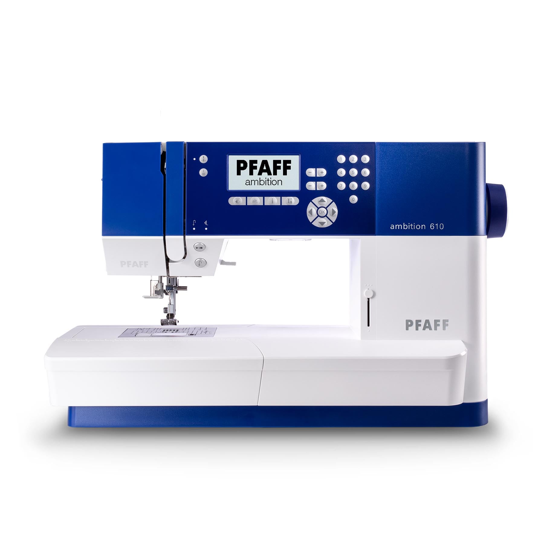 Exact official PFAFF ambition 610 Blue product image. It shows the machine, not every supplied or optional accessory; photography-versus-render provenance is not disclosed.