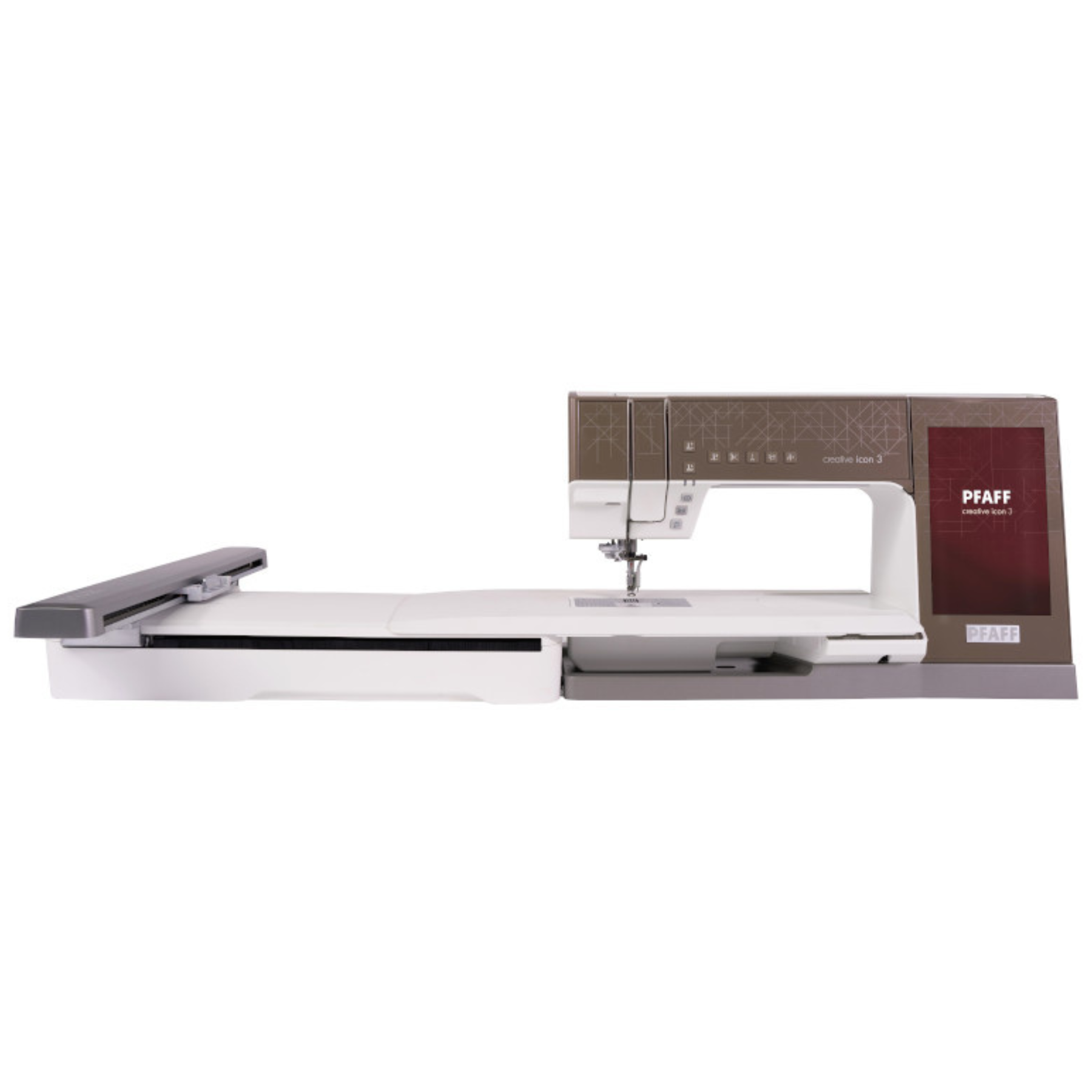 Official PFAFF creative icon 3 product image. The machine is identifiable, but PFAFF does not state whether this image is a photograph or a render; displayed accessories are not a package checklist.