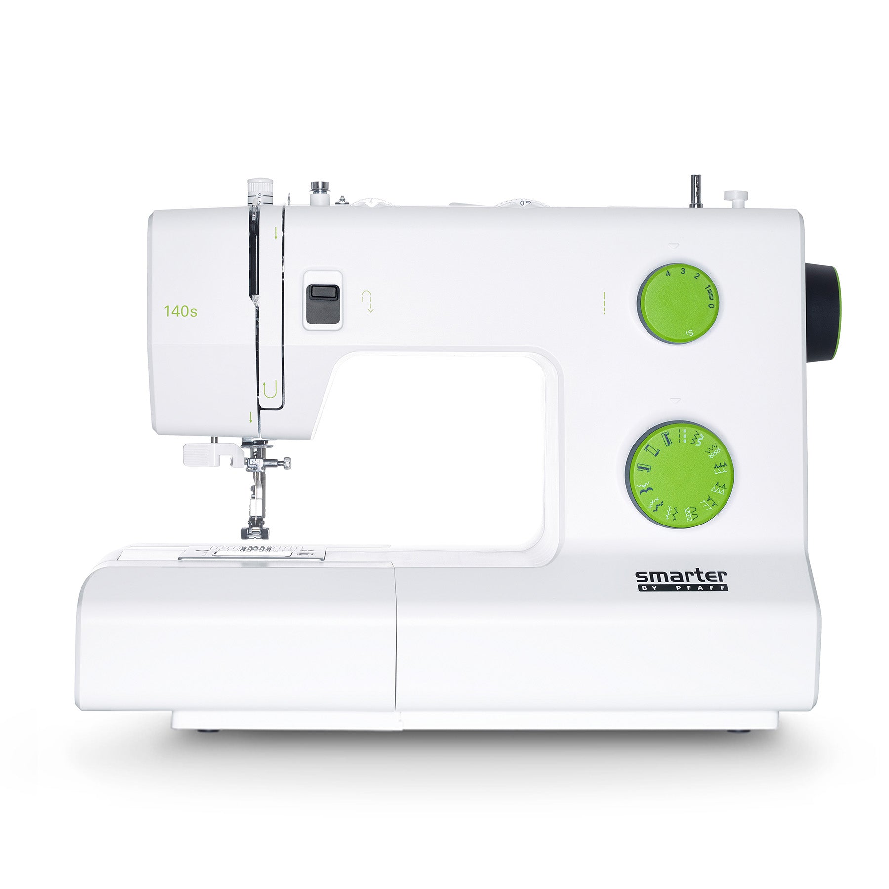 Official image of the white SMARTER BY PFAFF 140s mechanical sewing machine; the 140s mark is visible on the casing.